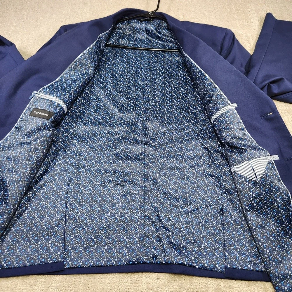 Paul Frederick Blazer Men 44S Blue Traveler Wool Stretch Modern Floral Lined